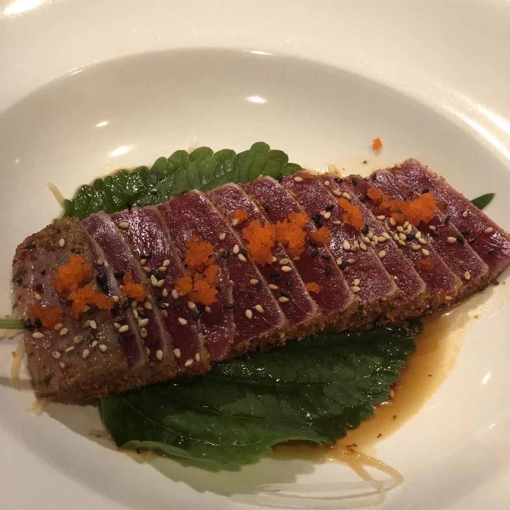 Seared tuna tataki plated simply on a clean white plate